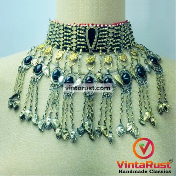Tribal Choker Necklace With Dangling Tassels and Black Stones, Handmade Choker - Picture 3 of 11